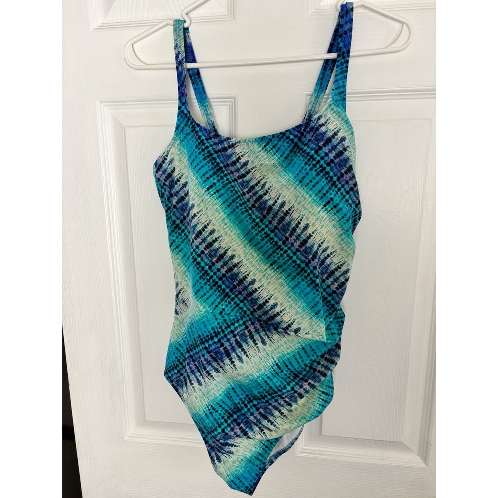 Profile by GOTTEX Blue Pool Party 1 Pc Round Neck Style Swimsuit Sz 14